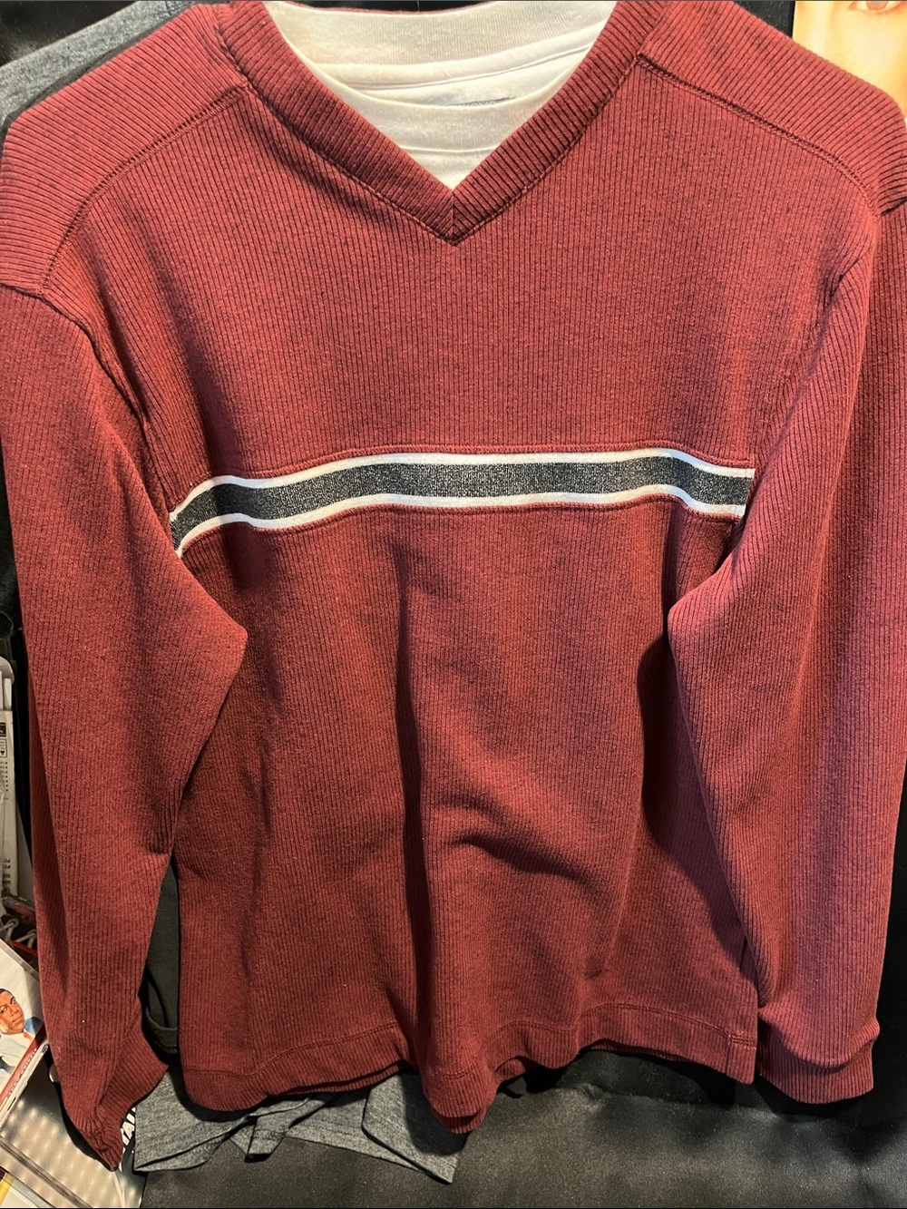 Men's V-Neck Sweater in Burgundy with Contrast Chest Stripe